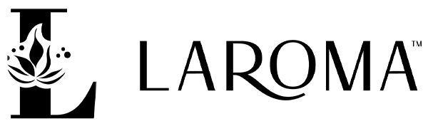 Black square logo next to the word LAROMA in uppercase, modern sans-serif font, with a curved line forming part of the R.