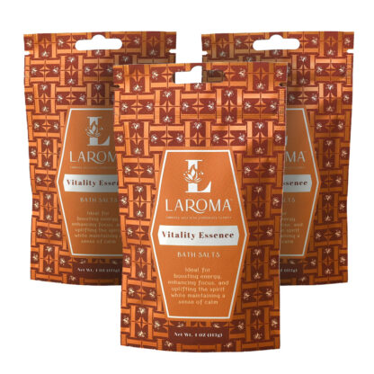 Three orange packets of Laroma Vitality Essence Bath Salts, each with geometric patterns and labeled as ideal for boosting energy, enhancing focus, and uplifting the spirit while maintaining calm.