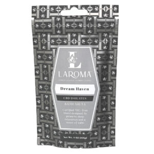 A gray, patterned pouch labeled Dream Haven Bath Salts (CBD Isolates), designed for deep relaxation and calm. The 4 oz (113g) package is THC-free.