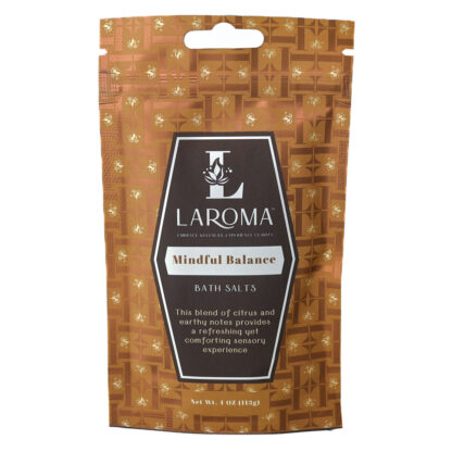 A brown resealable pouch labeled Dream Haven Bath Salts (CBD Isolates) features geometric patterns and text describing a blend of citrus and earthy aromas for a refreshing, comforting sensory experience. Net weight: 4 oz (113g).