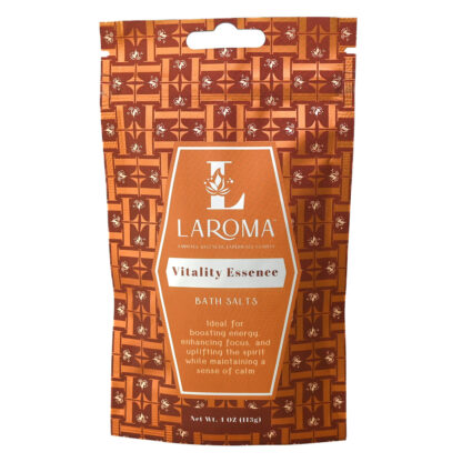 A 1 oz (113g) packet of Dream Haven Bath Salts (CBD Isolates) with a brown geometric pattern and orange label, featuring benefits like boosting energy and enhancing focus.