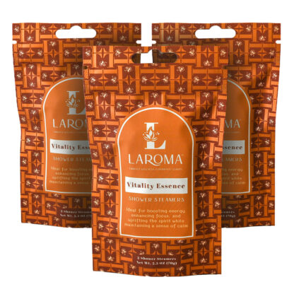 Three orange patterned pouches of LAROMA Vitality Essence Shower Steamers are shown standing upright, each labeled as ideal for boosting energy and maintaining a sense of calm.
