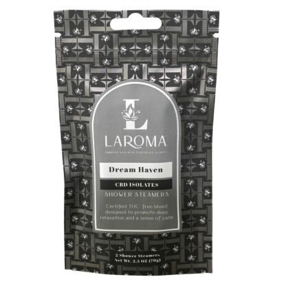 A black package of Dream Haven Shower Steamers (CBD Isolates) with a geometric flower pattern, promoting deep relaxation and calm. Each pack contains 2 shower steamers, totaling 2.5 oz.