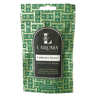 A green and white patterned resealable pouch labeled Dream Haven Shower Steamers (CBD Isolates) claims to provide a balanced blend of energy, relaxation, and wellness. Net weight: 2.3 oz (70g).