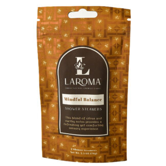 A brown patterned pouch labeled Dream Haven Shower Steamers (CBD Isolates) describes a citrus and earthy notes blend for a refreshing, comforting sensory experience. The pouch contains two shower steamers.