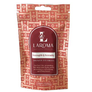 A red and pink patterned pouch labeled Dream Haven Shower Steamers (CBD Isolates), perfect for grounding the mind and body while providing a refreshing, uplifting boost.