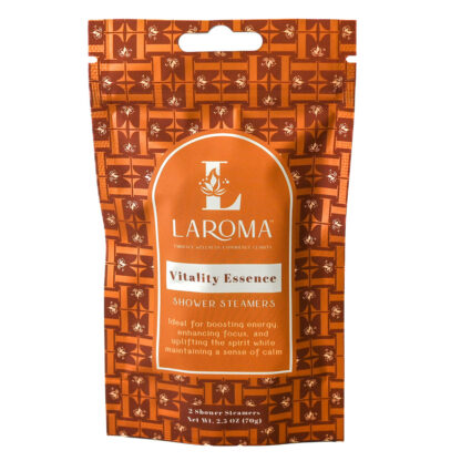 A package of Dream Haven Shower Steamers (CBD Isolates) with an orange and brown pattern, described as enhancing energy, focus, and uplifting the spirit.