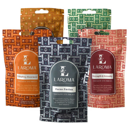 Five vibrant Bath Salt 5-Pack Combo packages, each labeled with a unique scent and benefit—Vitality Essence, Focus Fusion, and Strength & Serenity—are arranged in a fan display against a white background.